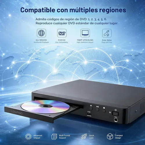 Vista 5 de LONPOO Reproductor de DVD para el hogar con HDMI, reproductor de DVD compacto para Smart TV, reproductor de CD de DVD sin regiones con salida Todo