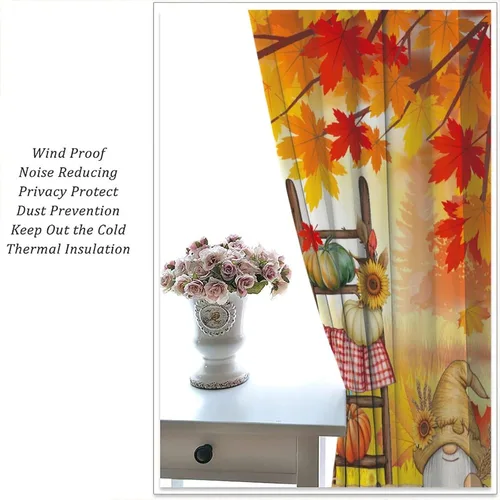 Vista 5 de Cortinas de calabaza enana de otoño, decoración del hogar de Acción de Gracias en otoño, patrón de hojas de arce y girasol, 42 pulgadas de ancho x