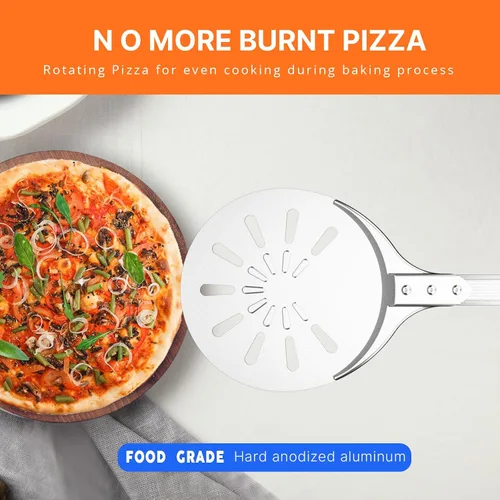 Vista 8 de Cáscara giratoria de pizza, 8 pulgadas, mango largo perforado de aluminio con gancho de silicona, accesorios para horno de pizza
