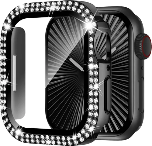 Vista 9 de Adepoy Funda para Apple Watch de 38 mm Serie 3/2/1 con protector de pantalla de vidrio templado, doble Bling Case Crystal Diamonds Bumper Total Hard