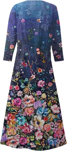 Vista 3 de EKVAHL Vestido de manga 34 para mujer, vestidos de otoño, casual, holgado, talla grande, cuello redondo, estampado floral, elegante vestido largo