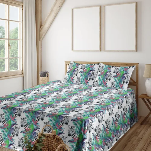 Vista 25 de Ambesonne Floral Sheet Set, Nature Themed Oversimplified Blossom Shaped Pattern Print Artwork, Fitted and Flat Sheet with Pillowcases Bedding Accent