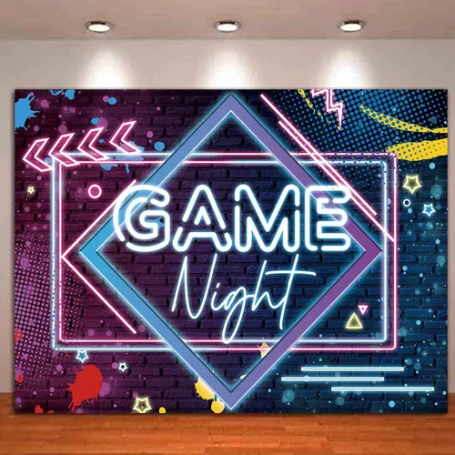 Vista 2 de Fondos de fotografía con temática de noche de juegos, fondo de fotos de neón brillante, 5 x 3 pies, para juegos en fiestas de cumpleaños, pijamadas