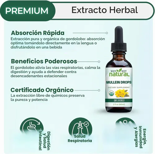 Vista 2 de Gotas de gordolobo orgánico USDA para pulmones - Suplemento de tintura de extracto de hoja