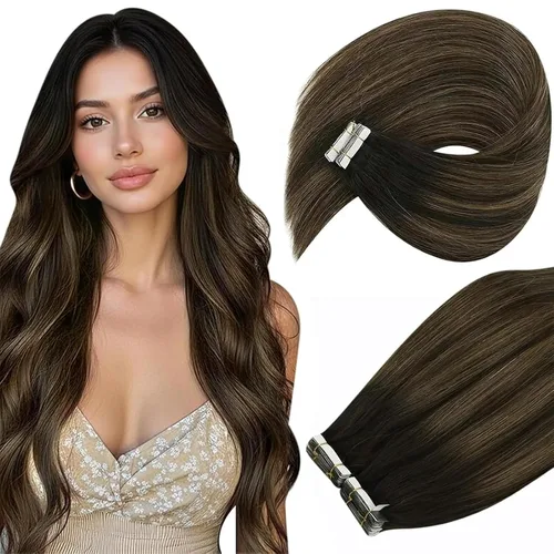 Vista 40 de Ve Sunny Extensiones de cabello humano real con cinta, cabello humano Remy, lacio, doble cara, color marrón oscuro, balayage, rubio dorado oscuro
