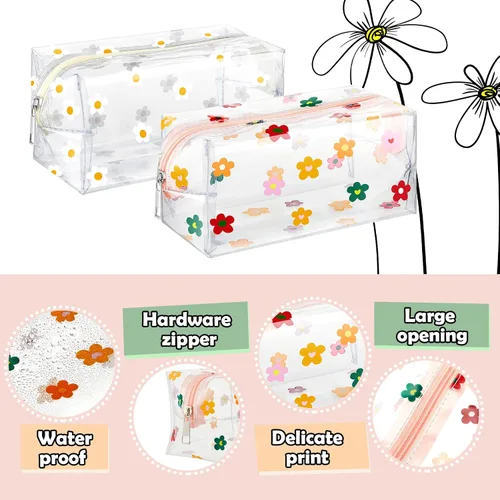 Vista 3 de Amylove - Paquete de 2 bolsas de maquillaje de flores lindas con cremallera de margaritas, bolsa para lápices florales, bolsas de aseo portátiles