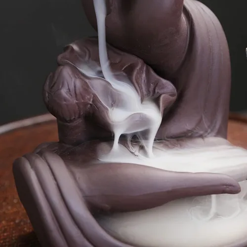 Vista 4 de Quemador de incienso de mano de Buda de cerámica para interiores, soporte de incienso de cascada de humo creativo Lotus para aromaterapia, adorno