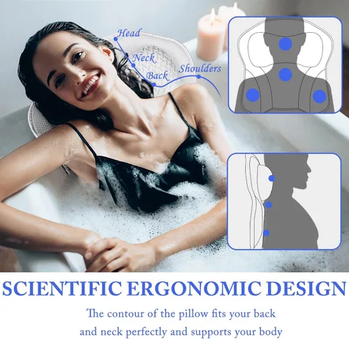 Vista 2 de Almohada de baño para bañera cómoda almohada de baño, almohadas de baño ergonómicas para soporte de cuello y espalda con 6 ventosas, diseño de malla