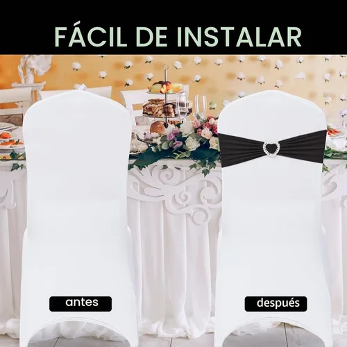 Vista 4 de Paquete de 30 cintas elásticas Howhic de elastano para sillas con lazos, banda de cubierta de silla con hebilla deslizante, lazos elásticos Negro