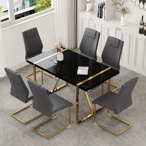 Vista 37 de Juego de mesa de comedor moderna de 55 pulgadas para 4, mesa de comedor negra y marco de metal dorado, mesa de comedor rectangular con 4 sillas