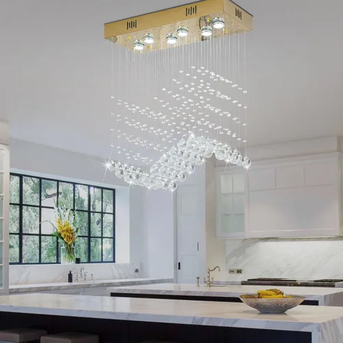 Vista 9 de Candelabro Rectangular Moderno de Onda Dorada para Comedor Sobre Mesa, Lámpara de Techo Elegante de 6 Luces Tipo Gota de Lluvia para Isla de Cocina