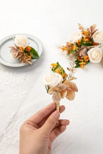 Vista 5 de 10 unids/lote de espuma artificial PE flores boda novio hermano padre boutonnieres hombres ojales ramillete boda flor fiesta decoración