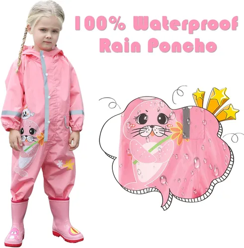 Vista 3 de SSAWcasa Toddler Rain Suit, Muddy Play Buddies Kids One Piece Hoodie Rain Jacket Coat Poncho Gear Coverall Baby Girl Boy