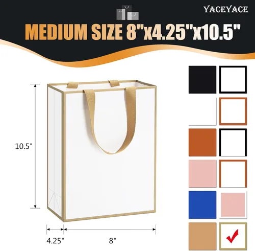 Vista 3 de Bolsas de regalo blancas con marco dorado, 20 unidades, 8 x 4.25 x 10.5 pulgadas, medianas y blancas y doradas, elegantes bolsas de regalo de lujo