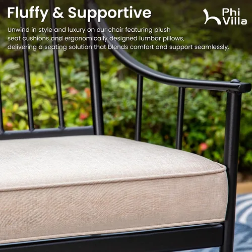 Vista 5 de PHI VILLA Juego de mesa de comedor para patio de 7 piezas con cojín para 6, mesa grande rectangular de metal para exteriores con orificio para Silla