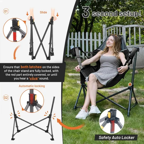 Vista 8 de TIMBER RIDGE Silla de camping tipo hamaca, silla hamaca oscilante de gran tamaño con respaldo y asiento ajustables para césped al aire libre