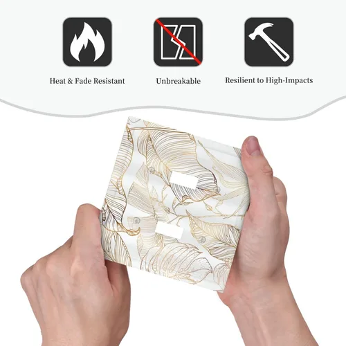 Vista 6 de Placa de pared decorativa con hojas de palmera tropicales de oro blanco, hoja de plátano, doble interruptor de luz de palanca decorativa, placa