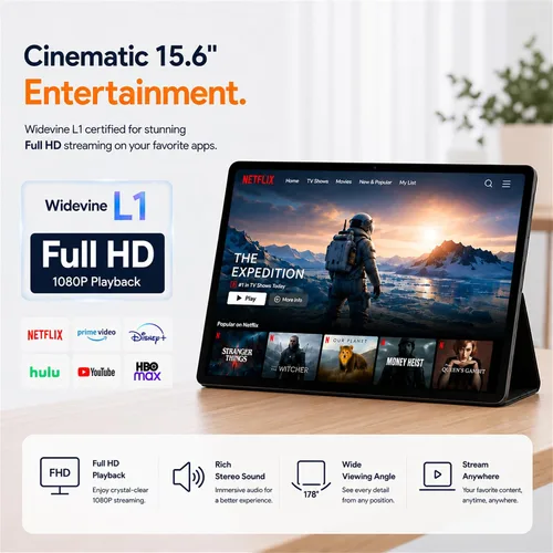 Vista 3 de 15.6 Inch Tablet, Android 16, Widevine L1, FHD IPS Display for Sheet Music 16GB Memory 256GB Storage, Helio G99 Octa-Core, 30W Fast Charging