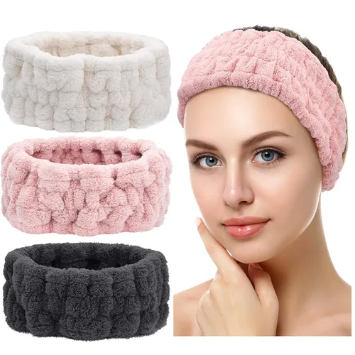 Vista 6 de Chuangdi Diadema de spa de 3 piezas para mujer, diadema de maquillaje facial, diadema de tela de rizo suave para lavar, máscara facial, regalos