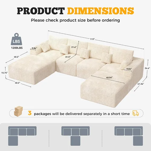 Vista 2 de Sofá modular de 146 pulgadas, sofás de nube convertibles en forma de U para sala de estar con otomana, juego de sofá de pana de 6 plazas sin hueso