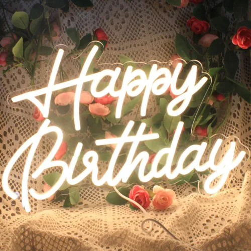 Vista 2 de Letrero LED de neón de feliz cumpleaños con interruptor regulable, decoración de fiesta, blanco cálido, funciona con USB, para telón de fondo