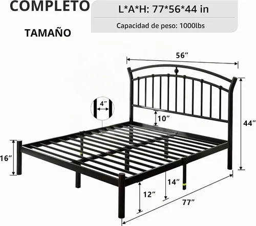 Vista 2 de iPormis Marco de cama de plataforma de metal de tamaño completo con cabecera moderna de arte de hierro/soporte de listones de acero de servicio Negro