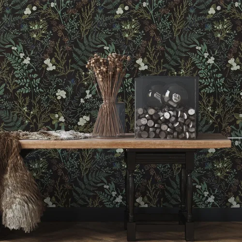 Vista 2 de VaryPaper Papel tapiz de hojas de musgo tropical de 17.7 x 118 pulgadas, papel tapiz autoadhesivo floral negro autoadhesivo decorativo floral