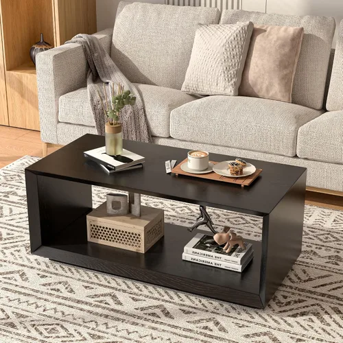 Vista 5 de Mesa auxiliar con almacenamiento, moderna de mediados de siglo, mesa rectangular de té de cóctel, mesa de centro de madera de granja para sala