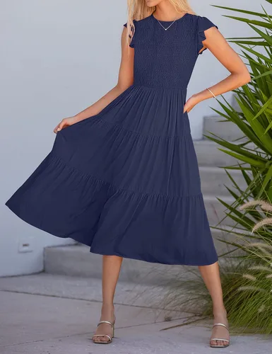 Vista 7 de MEROKEETY - Vestido midi fruncido de manga corta para mujer, vestido de verano casual, acampanado, con cintura elástica y escalonado