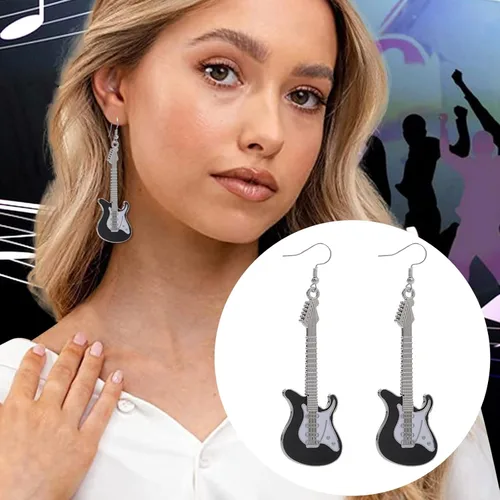 Vista 2 de Aretes de aro pequeños de metal con diseño de guitarra eléctrica, color blanco y negro, para mujeres, niñas, amantes de la música, profesores