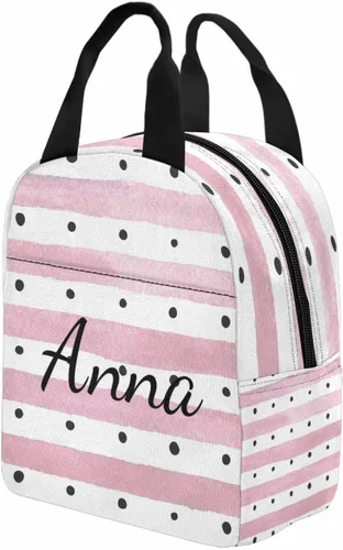 Vista 4 de InterestPrint Bolsa de almuerzo con nombre personalizado para hombres y mujeres, color rosa, blanco y negro, con lunares personalizados, enfriador