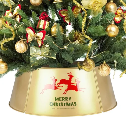 Vista 8 de HarcoHome Collar de Árbol de Navidad de Metal con Copo de Nieve 3D Auténtico, Base de Hierro Hexagonal Resistente para Árbol de Lápiz, Anillo