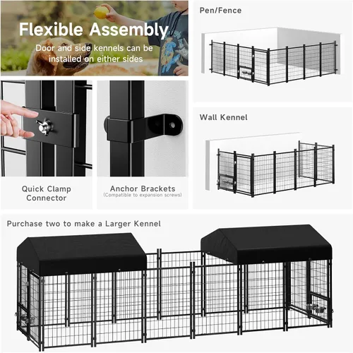 Vista 7 de Perrera para Perros al Aire Libre, Perrera para Perros con Techo y Comederos Giratorios/Puerta para Perros Desmontable Permite Conectar Su Casa