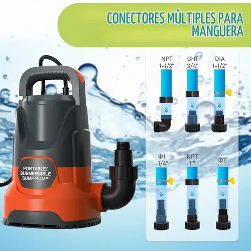 Vista 5 de Bomba de sumidero 1.5HP Bomba de agua sumergible 6300GPH eléctrica Naranja
