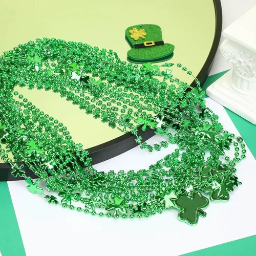 Vista 5 de JULBEAR 30 piezas de collares del Día de San Patricio, collares de cuentas metálicas verdes de trébol de trébol para suministros de fiesta de Mardi