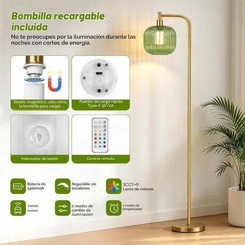 Vista 2 de QiMH Lámpara de pie inalámbrica para sala de estar, lámpara de pie con batería de 5400 mAh con pantalla de vidrio acanalado, lámpara alta de 3