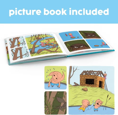 Vista 7 de SmartGames Three Little Piggies – Juego de rompecabezas lógico para preescolar con 48 desafíos y libro de cuentos – Rompecabezas educativo de cuento