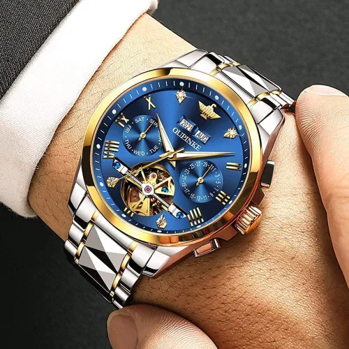 Vista 2 de OLEVS Relojes automáticos de esqueleto mecánico para hombres, 5ATM, impermeables, de tungsteno, acero inoxidable, cuerda automática, para hombre