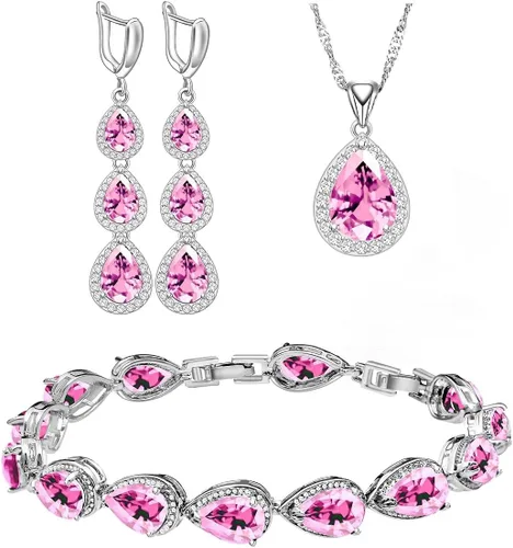 Vista 8 de LMXXVJ Juego de collar y aretes largos, chapados en oro blanco, juego de joyas de zafiro azul creado, joyería de regalo para boda, fiesta, joyería