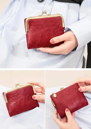 Vista 3 de PofeeXIO Billetera para mujer con RFID, pequeña, compacta, de piel, vintage, con cremallera y cierre de beso