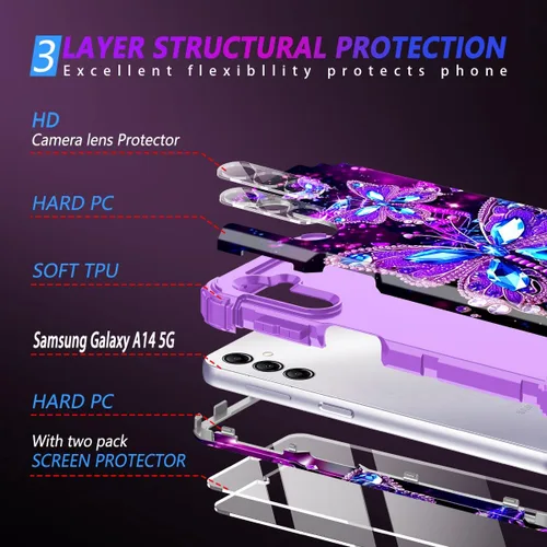 Vista 4 de Miqala Funda para Galaxy A14 5G, que brilla en la oscuridad, tres capas, resistente, a prueba de golpes, cuerpo completo, parachoques de plástico