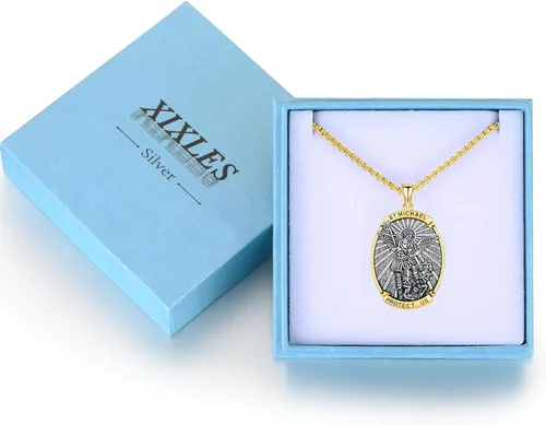 Vista 5 de Collar con colgante de amuleto de medalla de San de plata 10A-St Michael Oval