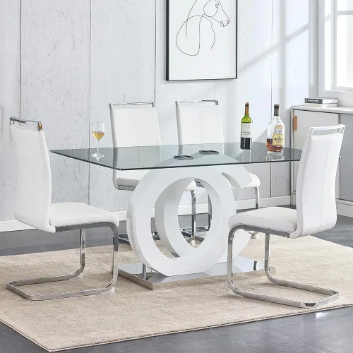 Vista 21 de Juego de mesa de comedor de 63 pulgadas para 4, moderno juego de mesa de comedor de vidrio templado para 4, para el hogar, cocina, sala de estar