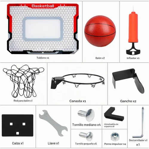 Vista 3 de Aro de baloncesto interior con 2 bolas y accesorios completos, sobre la puerta y mini aro para niños y adultos