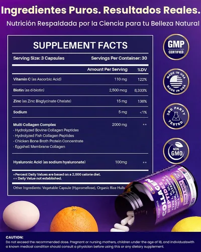 Vista 9 de Péptidos de colágeno múltiple 2,000 mg con biotina y ácido hialurónico