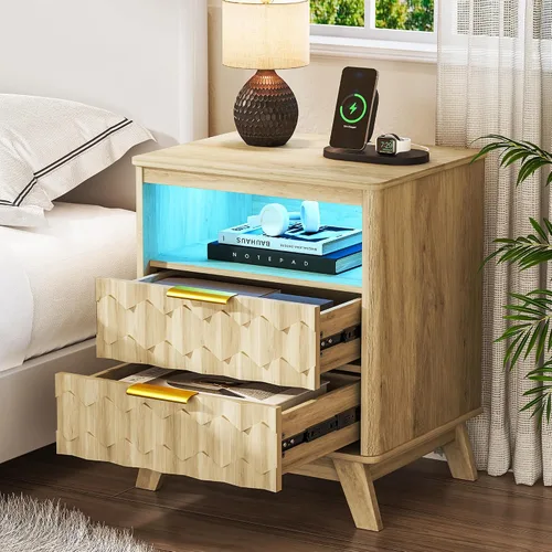 Vista 18 de Gurexl Mesita de noche inteligente con altavoz Bluetooth, moderna mesita de noche con luces LED RGB y estación de carga inalámbrica, soporte