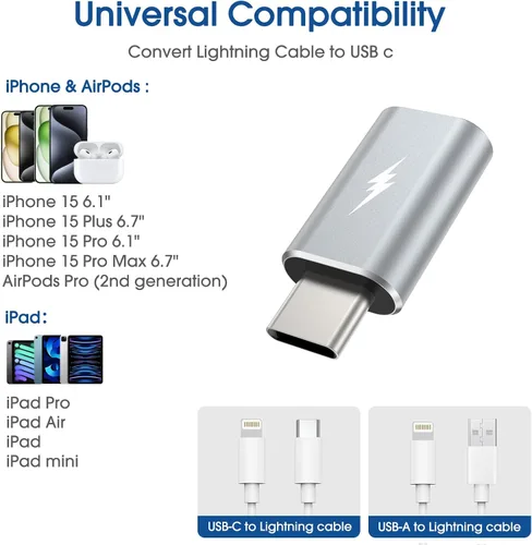 Vista 3 de TechMatte Cable adaptador Lightning a USB C tipo C, no para auriculares/OTG, 1.8-2.2A 15W sincronización de datos de carga rápida, para iPhone 16
