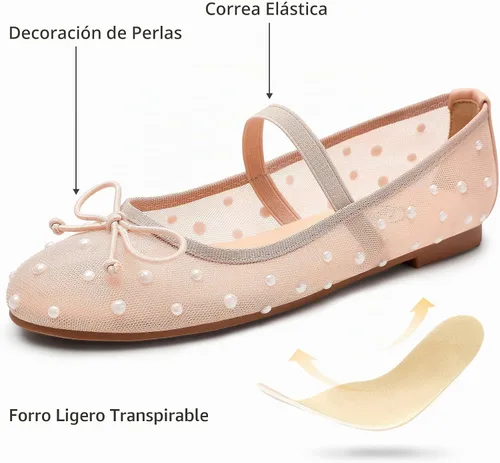 Vista 5 de Trary Cavie - Zapatos planos de ballet para mujer, zapatos Mary Jane para Malla Nude