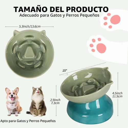 Vista 2 de Cuenco de cerámica para gatos de alimentación lenta Verde