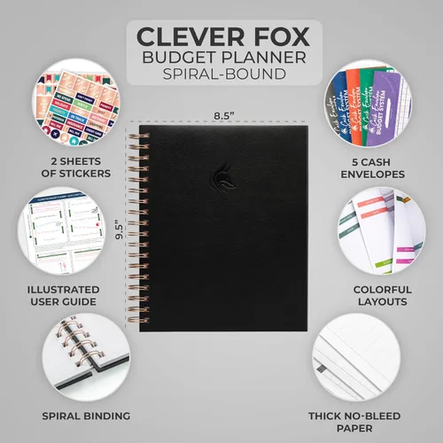 Vista 2 de Clever Fox Planificador de presupuesto: libro de finanzas en espiral, diario financiero mensual, organizador de presupuestos y cuaderno de Negro